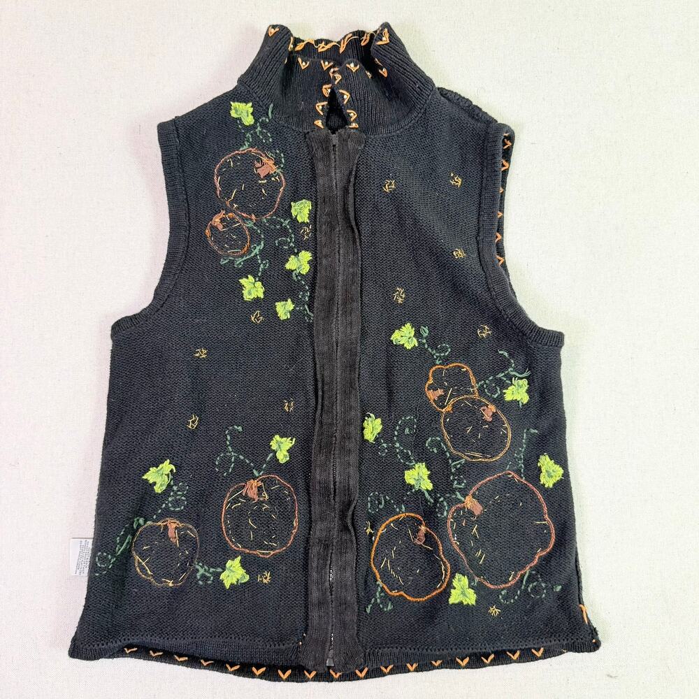 Vintage 90s Halloween Pumpkin Embroidered Beaded Sweater Vest Womens M Zip Front - Picture 12 of 14